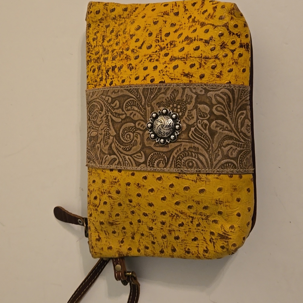 Yellow Bumble Embossed Leather Pouch | Myra Brand Clutch or Wristlet